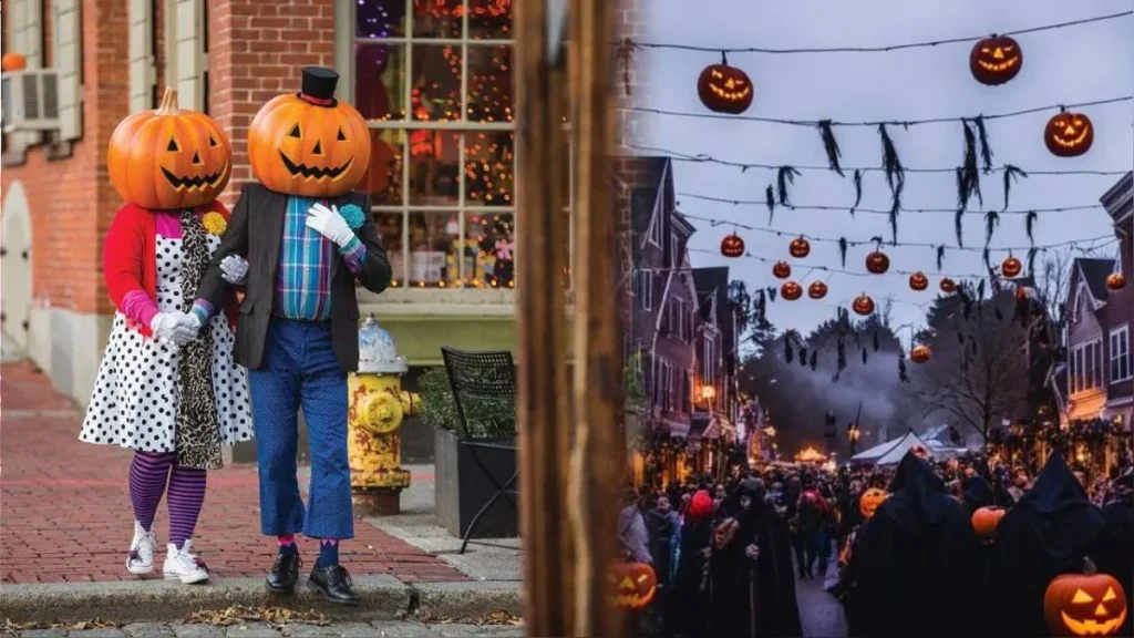 Fachadas coloniales en Salem decoradas para Halloween