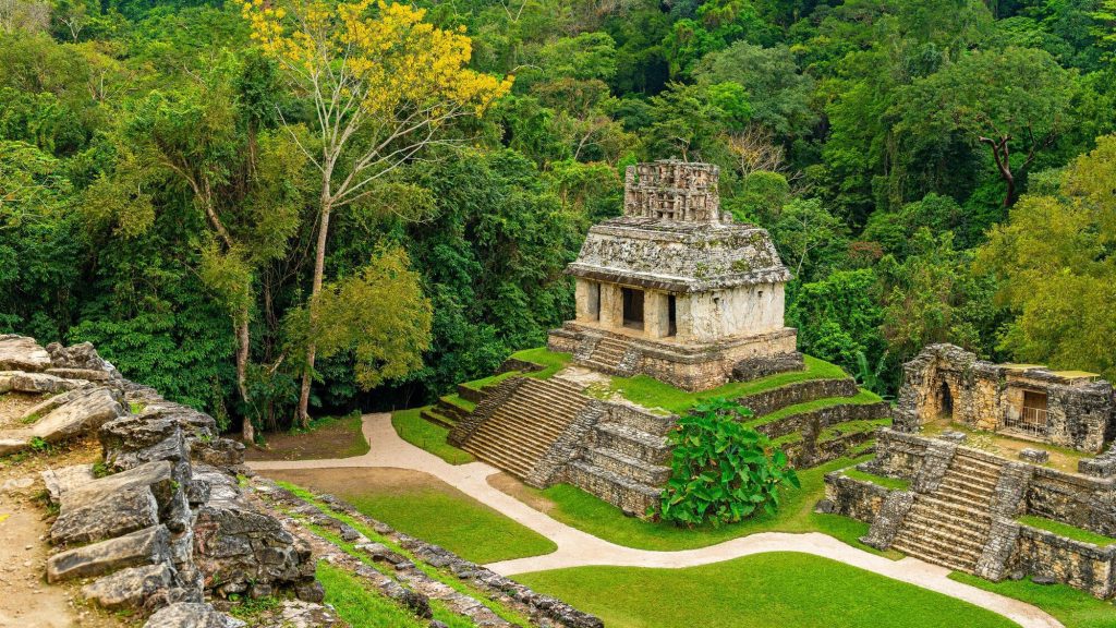 Ruinas de templos mayas en Palenque rodeadas de selva