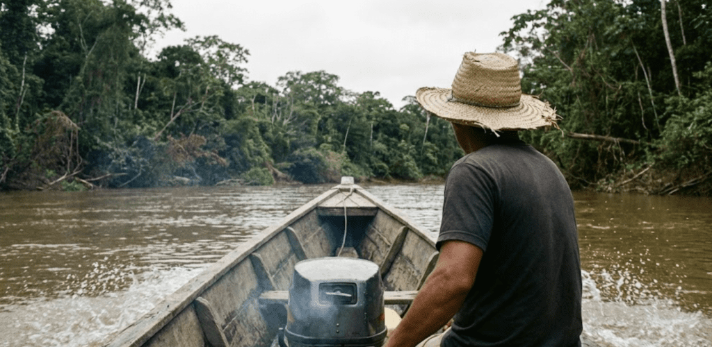 Navegando en lancha por el río Tahuamanu en Pando, Bolivia, experiencia de turismo de aventura.